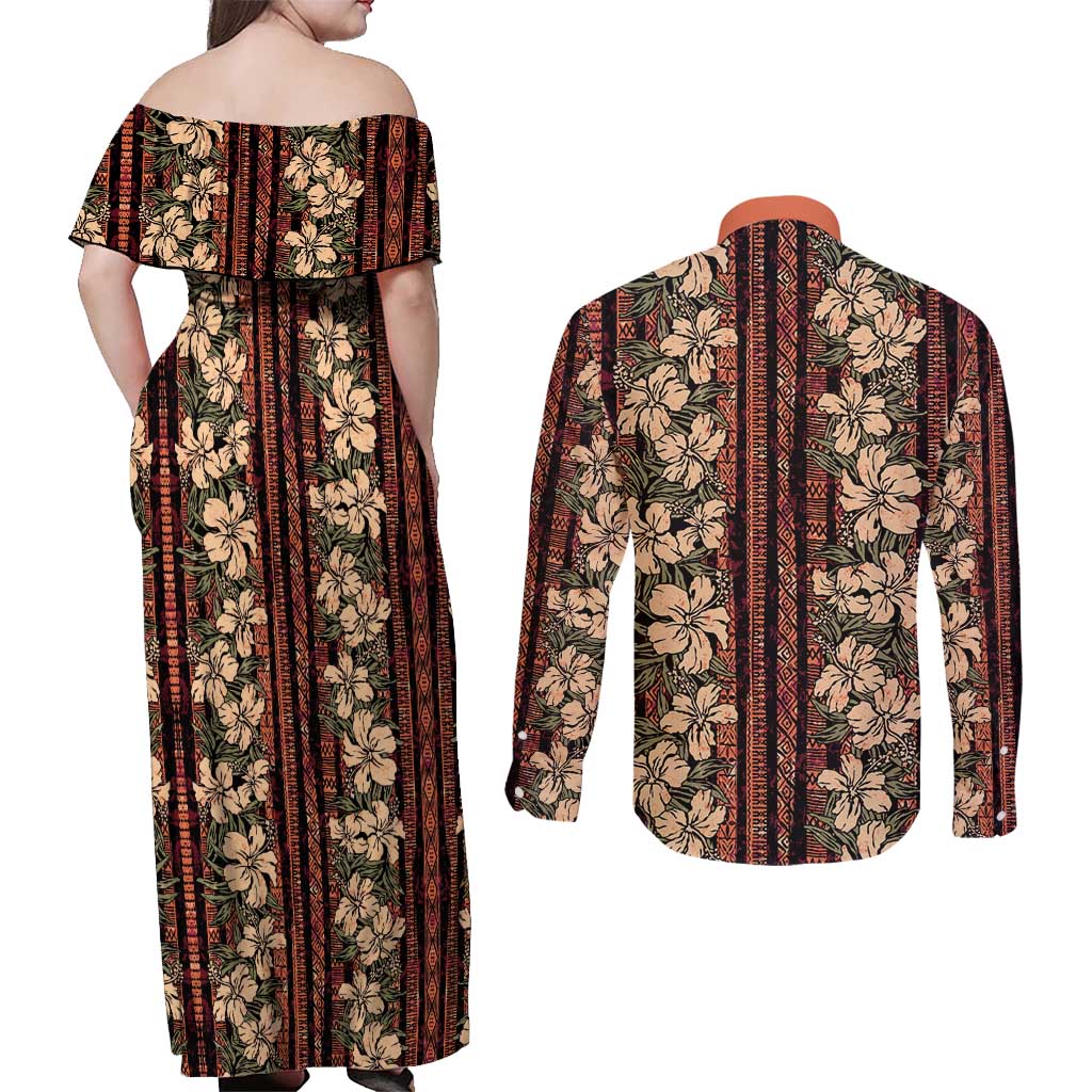 Hawaii Hibiscus Couples Matching Off Shoulder Maxi Dress and Long Sleeve Button Shirt Retro Style - Polynesian Pride