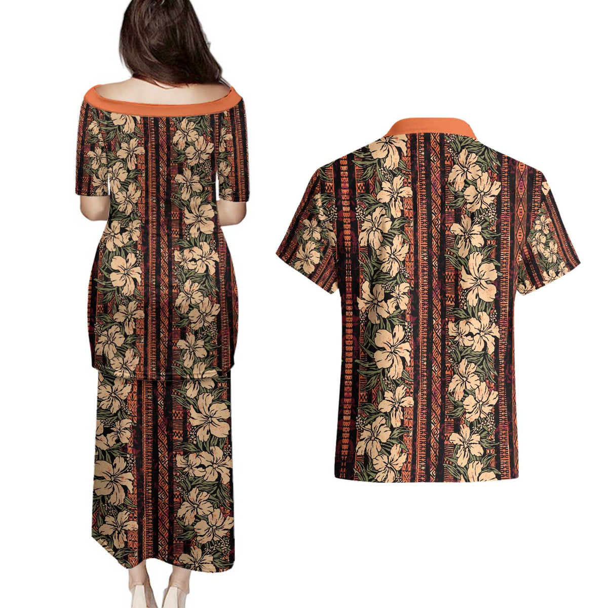 Hawaii Hibiscus Couples Matching Puletasi and Hawaiian Shirt Retro Style - Polynesian Pride