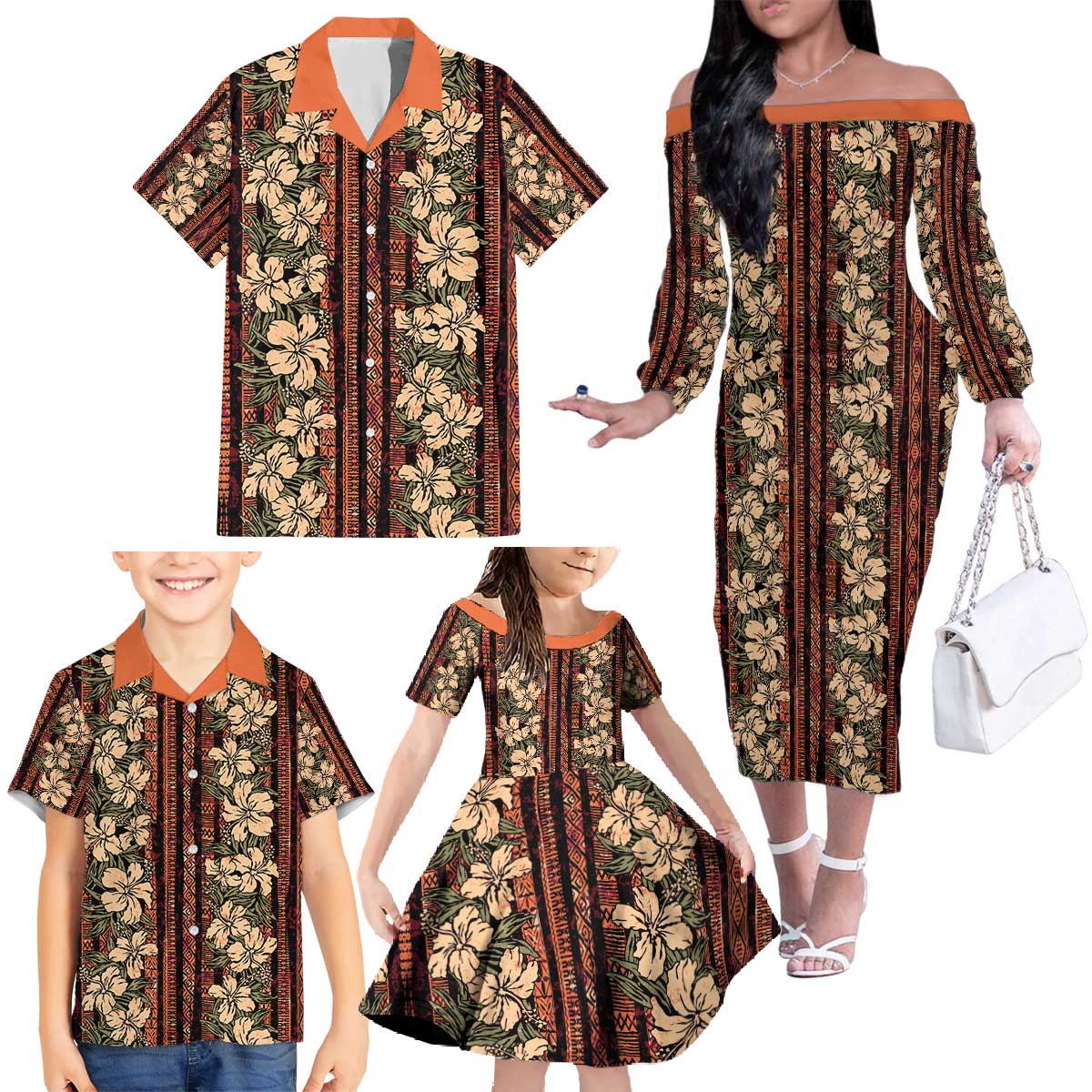 Hawaii Hibiscus Family Matching Off The Shoulder Long Sleeve Dress and Hawaiian Shirt Retro Style - Polynesian Pride