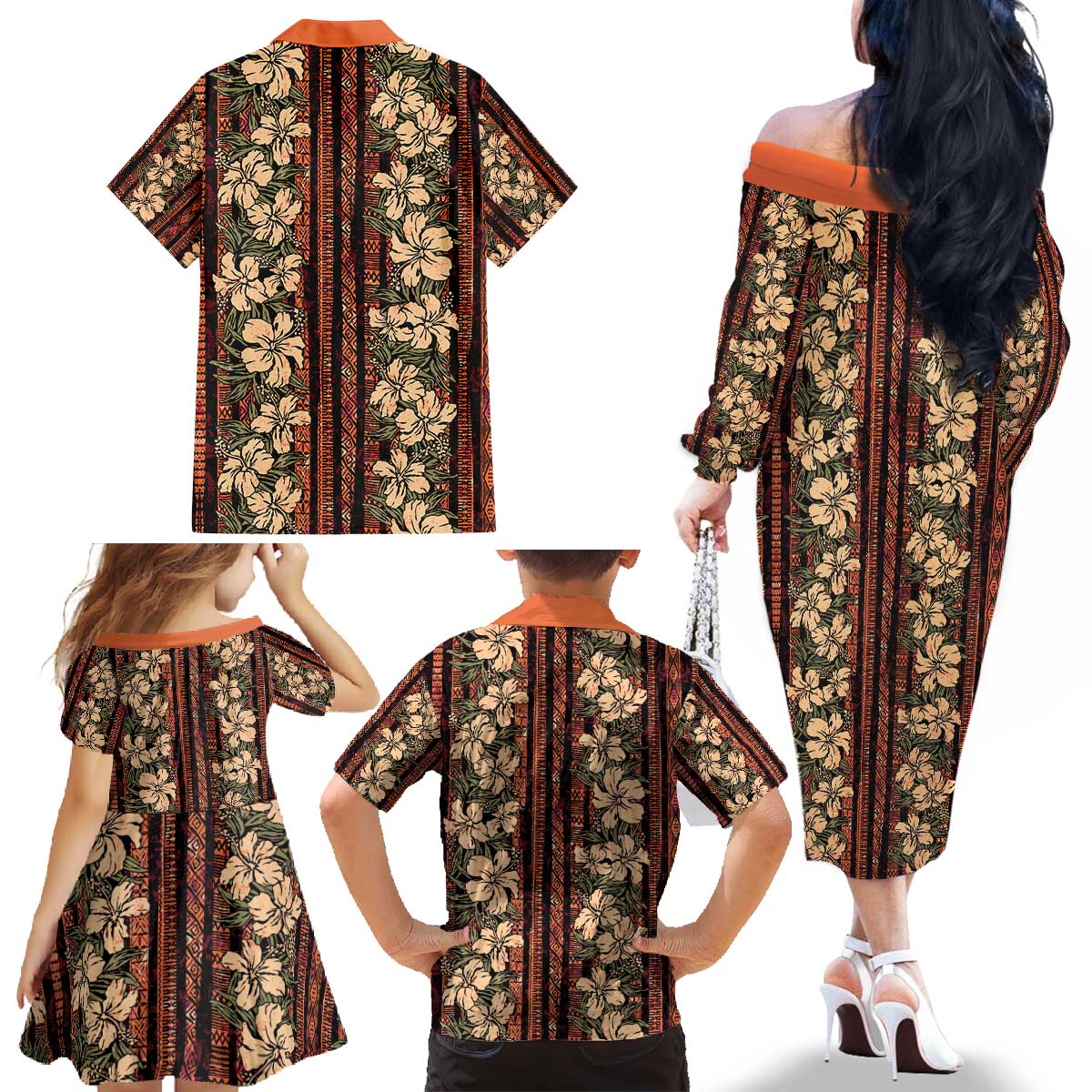 Hawaii Hibiscus Family Matching Off The Shoulder Long Sleeve Dress and Hawaiian Shirt Retro Style - Polynesian Pride