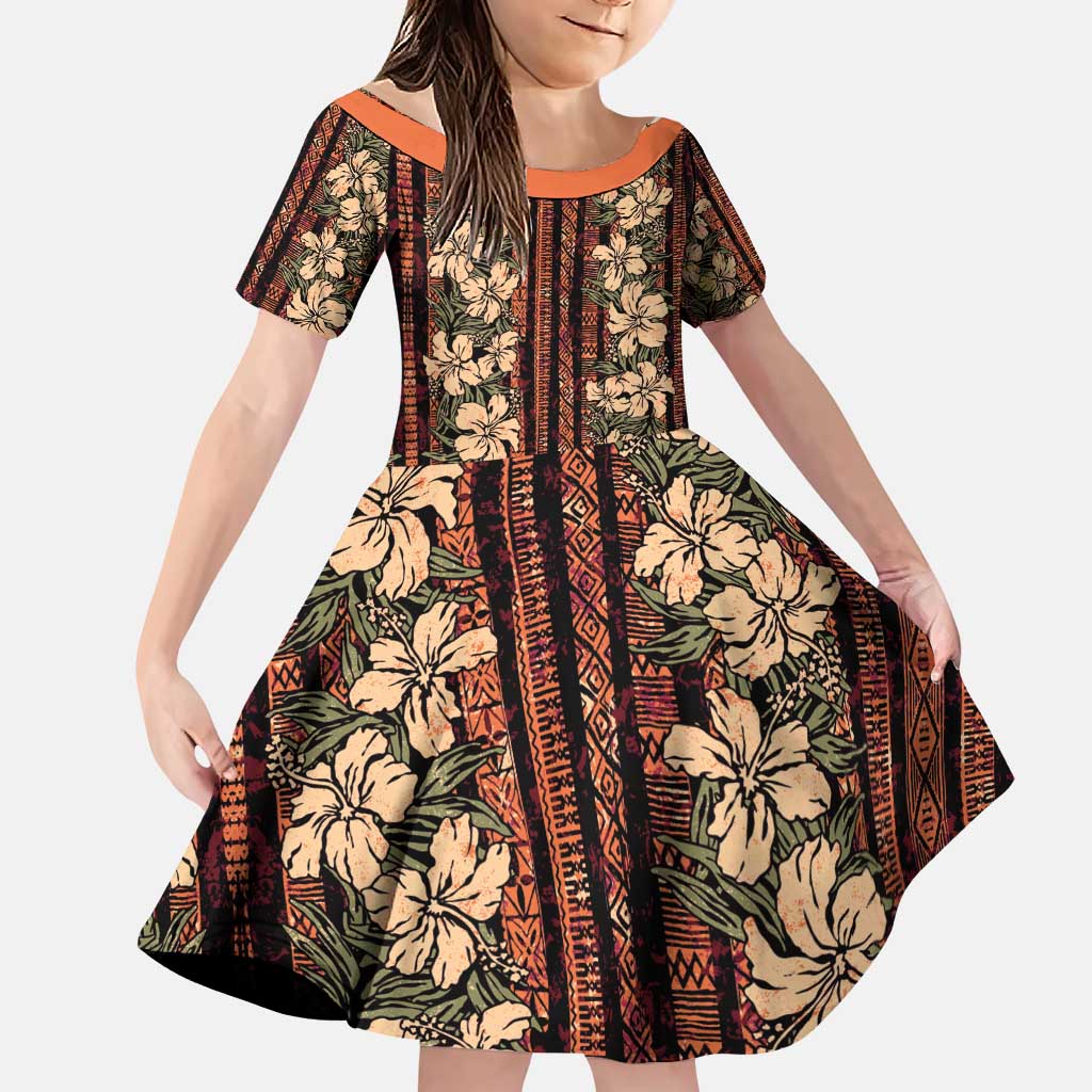 Hawaii Hibiscus Family Matching Puletasi and Hawaiian Shirt Retro Style LT01 Daughter's Dress Brown - Polynesian Pride
