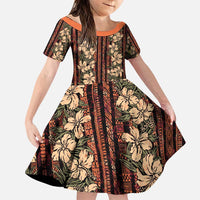 Hawaii Hibiscus Family Matching Puletasi and Hawaiian Shirt Retro Style LT01 Daughter's Dress Brown - Polynesian Pride