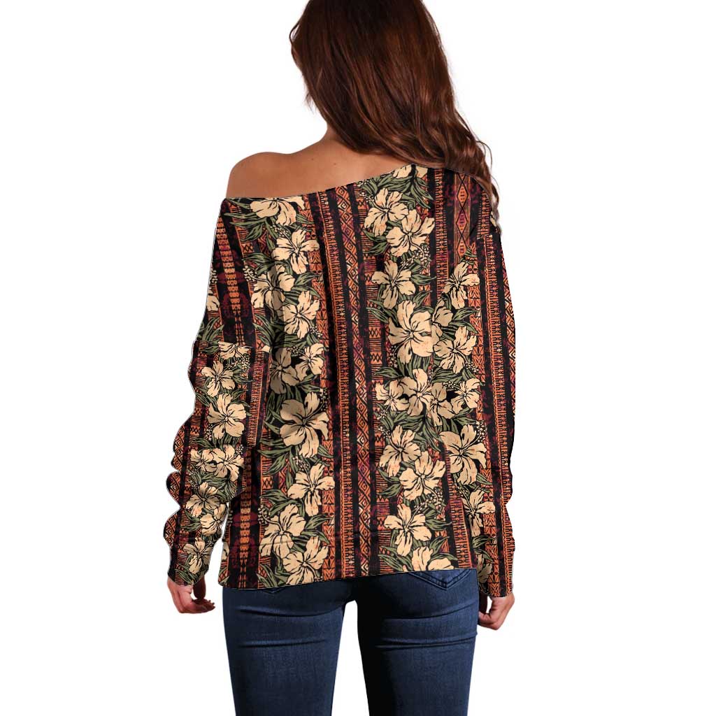 Hawaii Hibiscus Off Shoulder Sweater Retro Style - Polynesian Pride