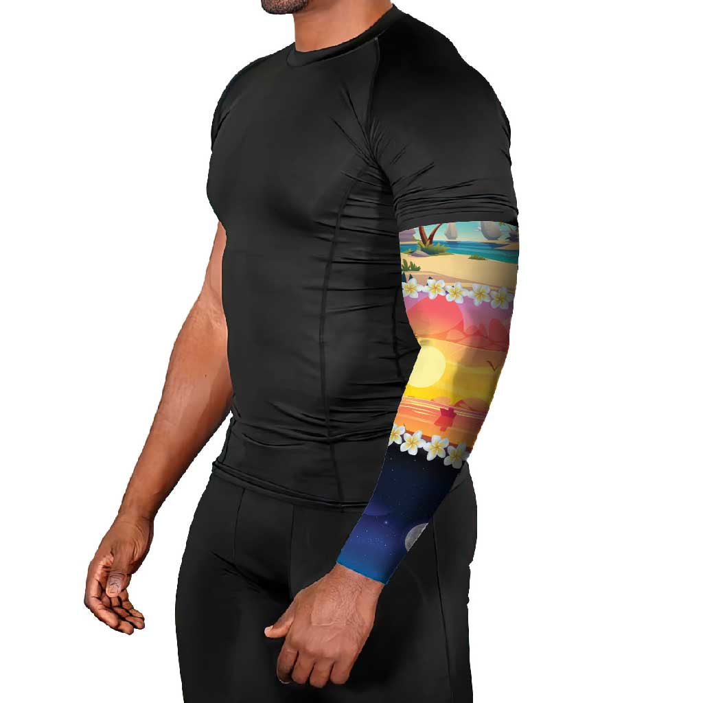 Hawaii Beach Landscape Time-Lapse Arm Sleeves Tropical Plumeria Flowers - Polynesian Pride