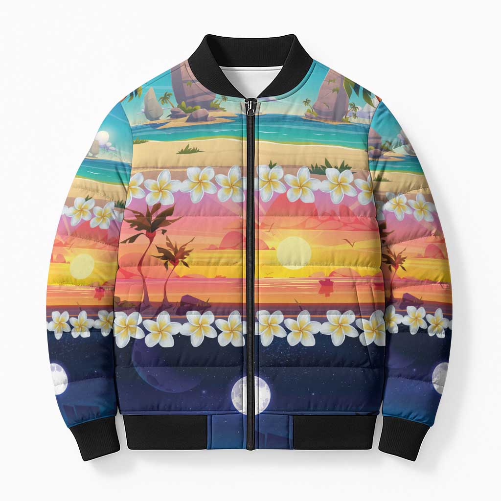 Hawaii Beach Landscape Time-Lapse Bomber Puffer Jacket Tropical Plumeria Flowers - Polynesian Pride