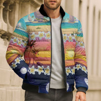 Hawaii Beach Landscape Time-Lapse Bomber Puffer Jacket Tropical Plumeria Flowers - Polynesian Pride