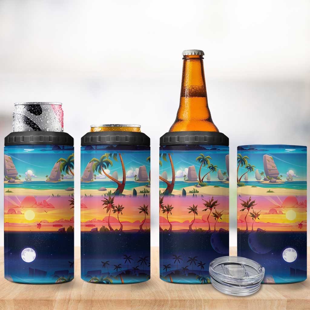 Hawaii Beach Landscape Time-Lapse 4 in 1 Can Cooler Tumbler Tropical Plumeria Flowers - Polynesian Pride