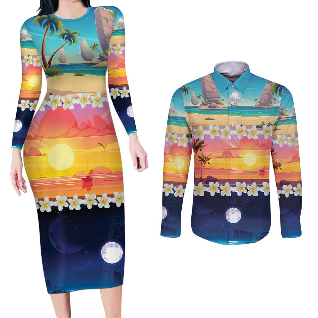 Hawaii Beach Landscape Time-Lapse Couples Matching Long Sleeve Bodycon Dress and Long Sleeve Button Shirt Tropical Plumeria Flowers - Polynesian Pride