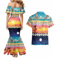 Hawaii Beach Landscape Time-Lapse Couples Matching Mermaid Dress and Hawaiian Shirt Tropical Plumeria Flowers - Polynesian Pride