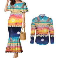 Hawaii Beach Landscape Time-Lapse Couples Matching Mermaid Dress and Long Sleeve Button Shirt Tropical Plumeria Flowers - Polynesian Pride