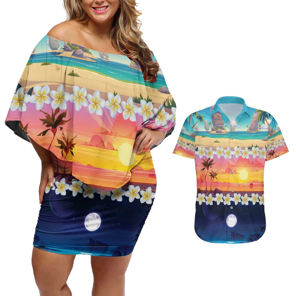 Hawaii Beach Landscape Time-Lapse Couples Matching Off Shoulder Short Dress and Hawaiian Shirt Tropical Plumeria Flowers - Polynesian Pride