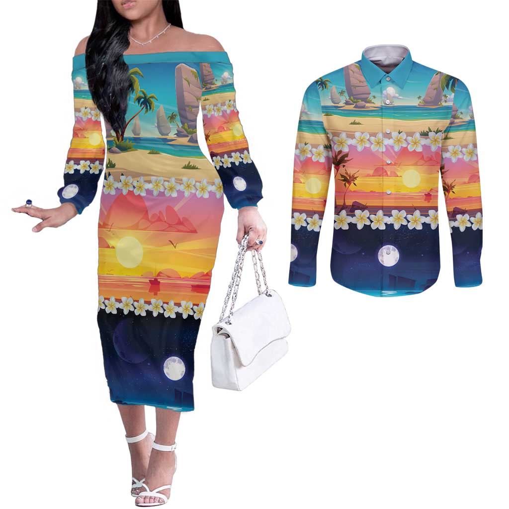Hawaii Beach Landscape Time-Lapse Couples Matching Off The Shoulder Long Sleeve Dress and Long Sleeve Button Shirt Tropical Plumeria Flowers - Polynesian Pride