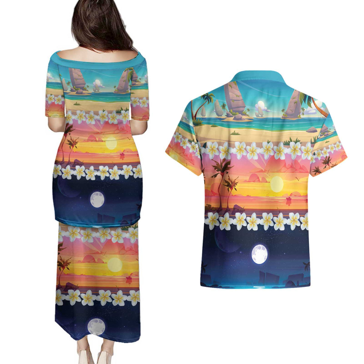 Hawaii Beach Landscape Time-Lapse Couples Matching Puletasi and Hawaiian Shirt Tropical Plumeria Flowers - Polynesian Pride