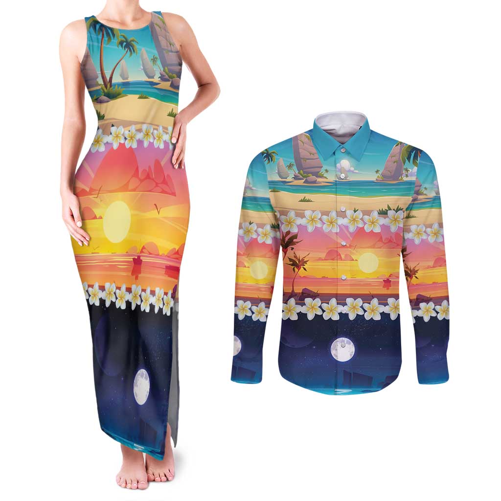 Hawaii Beach Landscape Time-Lapse Couples Matching Tank Maxi Dress and Long Sleeve Button Shirt Tropical Plumeria Flowers - Polynesian Pride