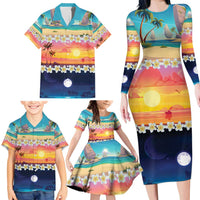 Hawaii Beach Landscape Time-Lapse Family Matching Long Sleeve Bodycon Dress and Hawaiian Shirt Tropical Plumeria Flowers - Polynesian Pride