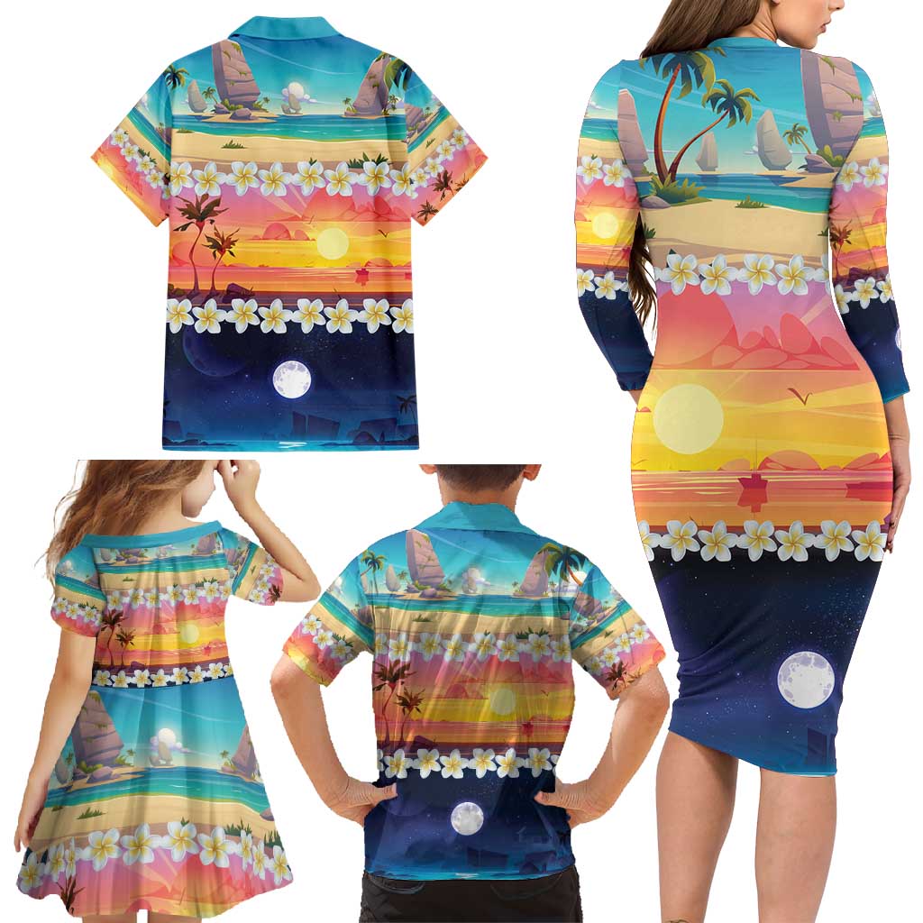 Hawaii Beach Landscape Time-Lapse Family Matching Long Sleeve Bodycon Dress and Hawaiian Shirt Tropical Plumeria Flowers - Polynesian Pride