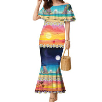 Hawaii Beach Landscape Time-Lapse Family Matching Mermaid Dress and Hawaiian Shirt Tropical Plumeria Flowers - Polynesian Pride