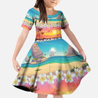 Hawaii Beach Landscape Time-Lapse Family Matching Off The Shoulder Long Sleeve Dress and Hawaiian Shirt Tropical Plumeria Flowers - Polynesian Pride
