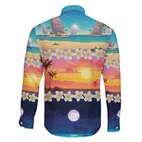 Hawaii Beach Landscape Time-Lapse Family Matching Off The Shoulder Long Sleeve Dress and Hawaiian Shirt Tropical Plumeria Flowers - Polynesian Pride