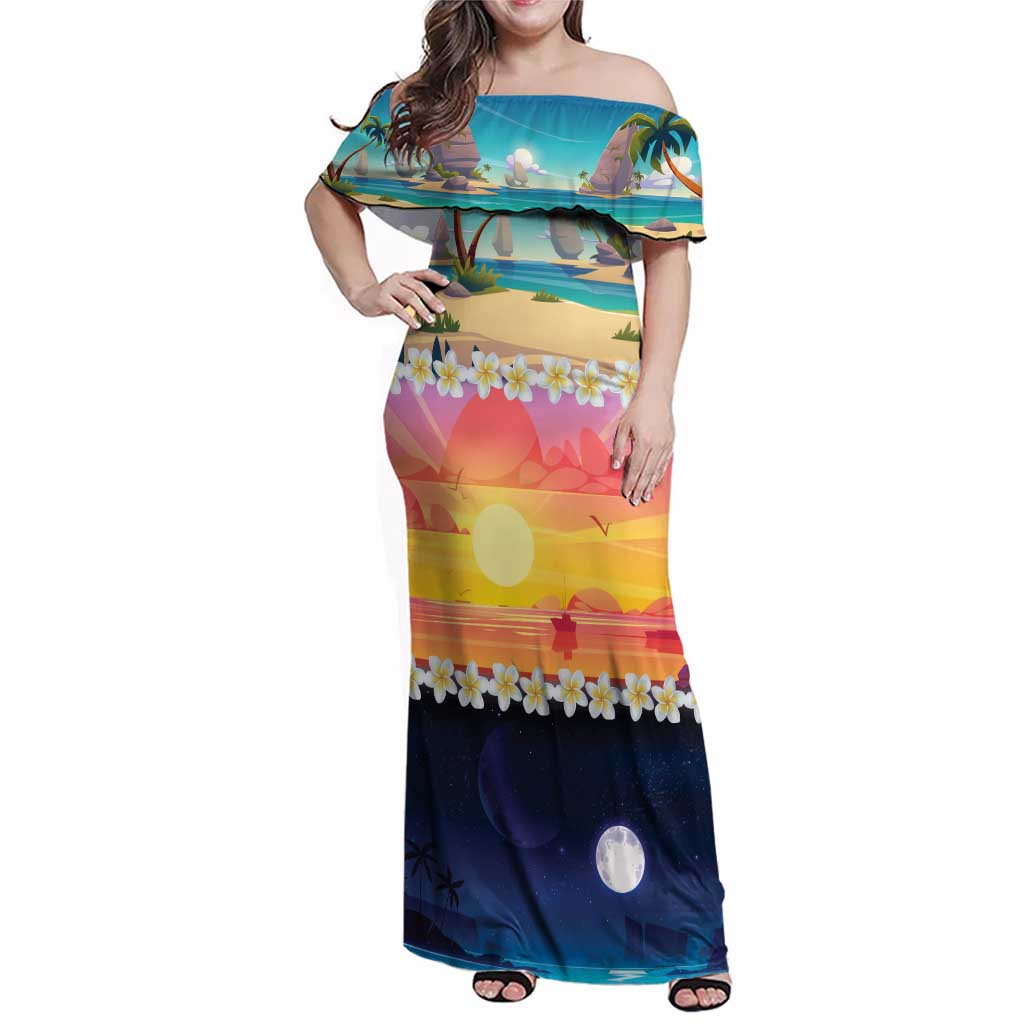 Hawaii Beach Landscape Time-Lapse Family Matching Off Shoulder Maxi Dress and Hawaiian Shirt Tropical Plumeria Flowers - Polynesian Pride