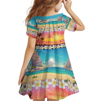 Hawaii Beach Landscape Time-Lapse Family Matching Off Shoulder Short Dress and Hawaiian Shirt Tropical Plumeria Flowers - Polynesian Pride