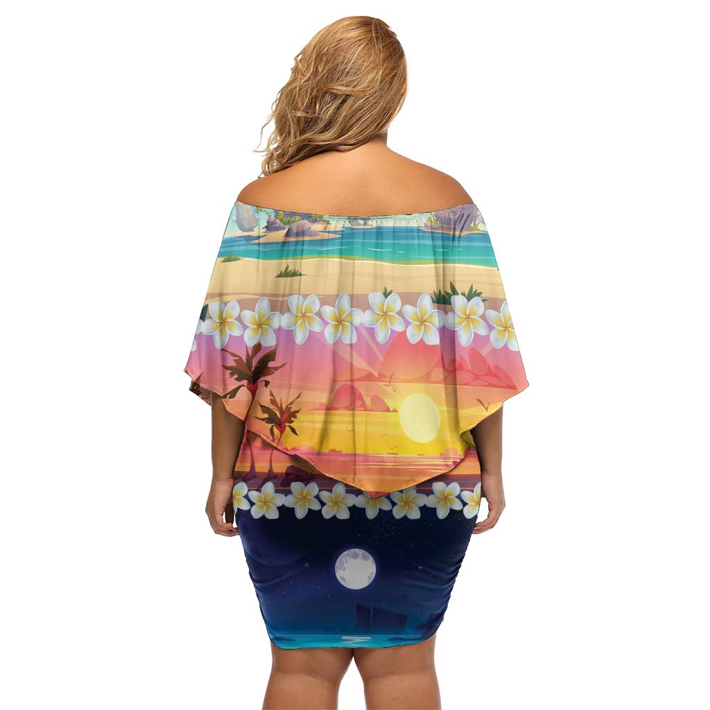 Hawaii Beach Landscape Time-Lapse Family Matching Off Shoulder Short Dress and Hawaiian Shirt Tropical Plumeria Flowers - Polynesian Pride