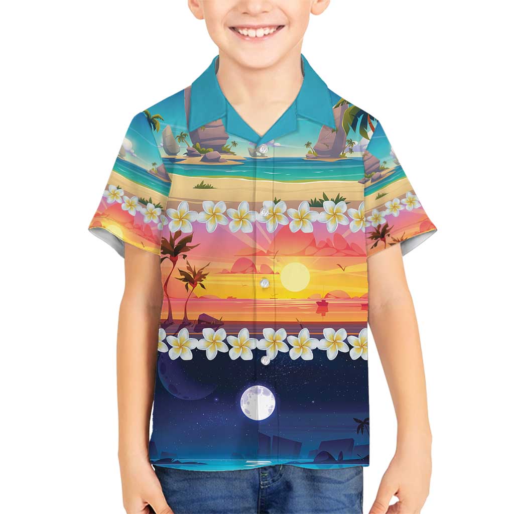Hawaii Beach Landscape Time-Lapse Family Matching Puletasi and Hawaiian Shirt Tropical Plumeria Flowers - Polynesian Pride