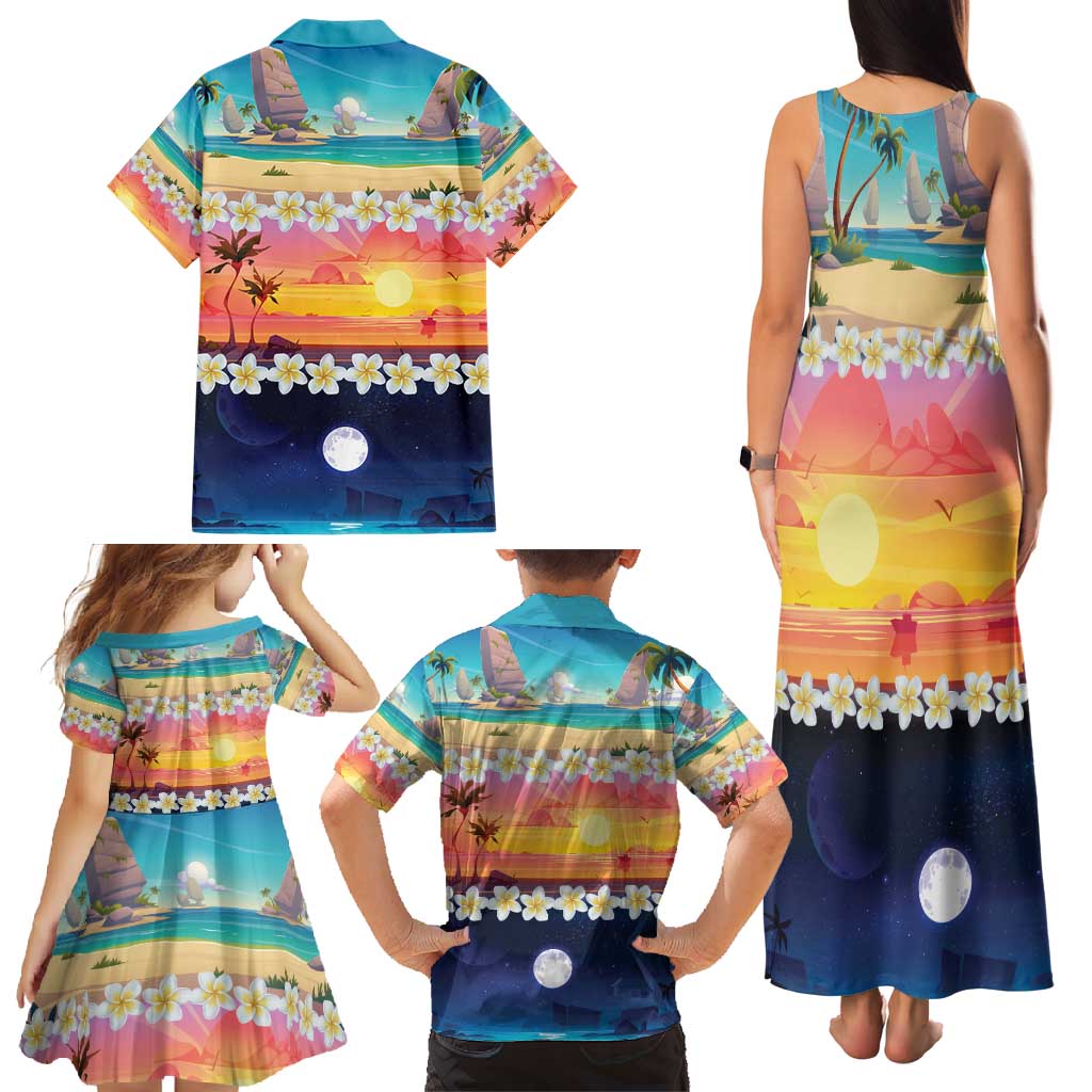 Hawaii Beach Landscape Time-Lapse Family Matching Tank Maxi Dress and Hawaiian Shirt Tropical Plumeria Flowers - Polynesian Pride