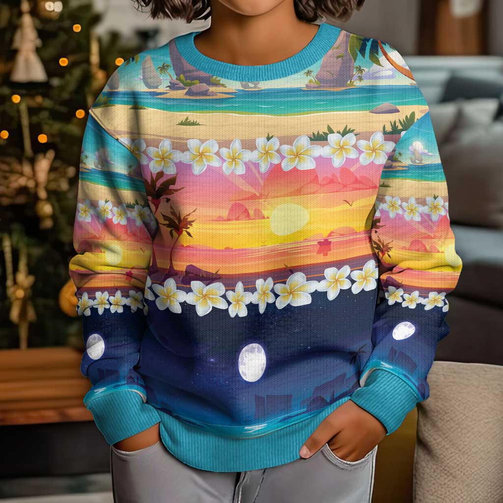 Hawaii Beach Landscape Time-Lapse Kid Ugly Christmas Sweater Tropical Plumeria Flowers - Polynesian Pride