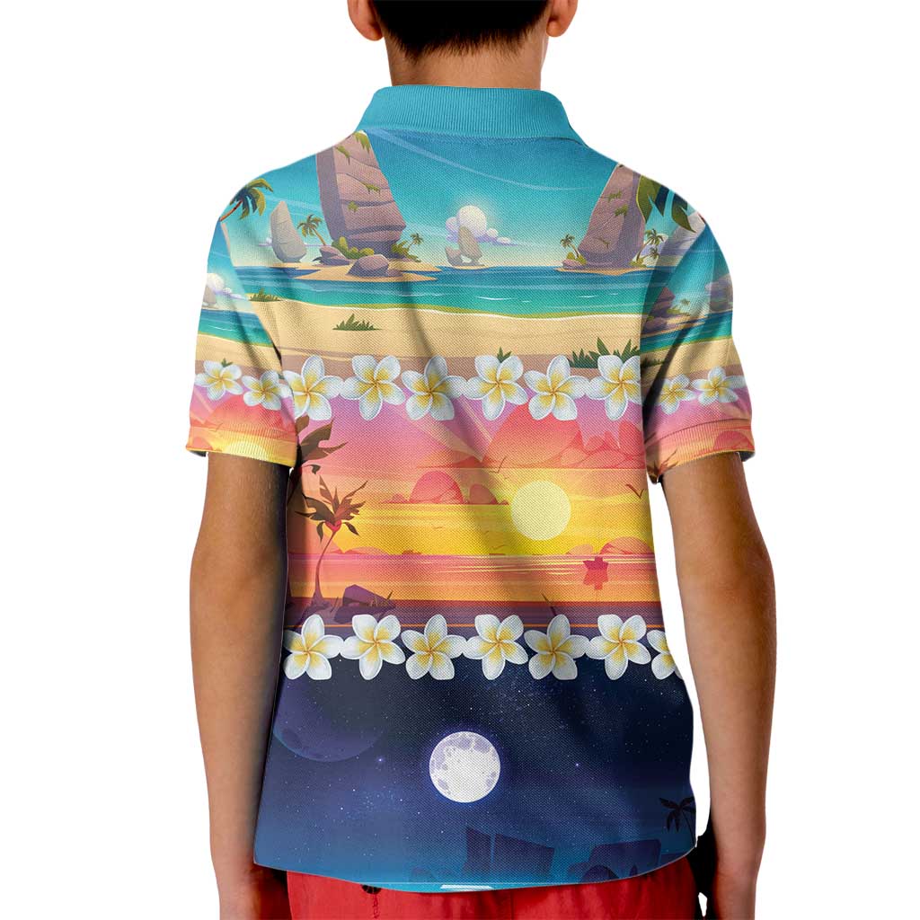 Hawaii Beach Landscape Time-Lapse Kid Polo Shirt Tropical Plumeria Flowers - Polynesian Pride
