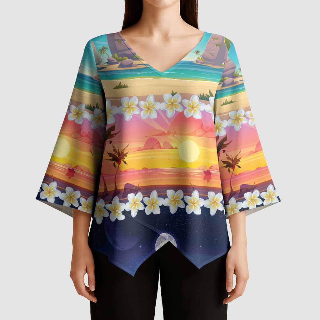 Hawaii Beach Landscape Time-Lapse Kimono Sleeve Blouse Tropical Plumeria Flowers - Polynesian Pride