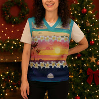 Hawaii Beach Landscape Time-Lapse Christmas Knitted V-Neck Vest Tropical Plumeria Flowers - Polynesian Pride