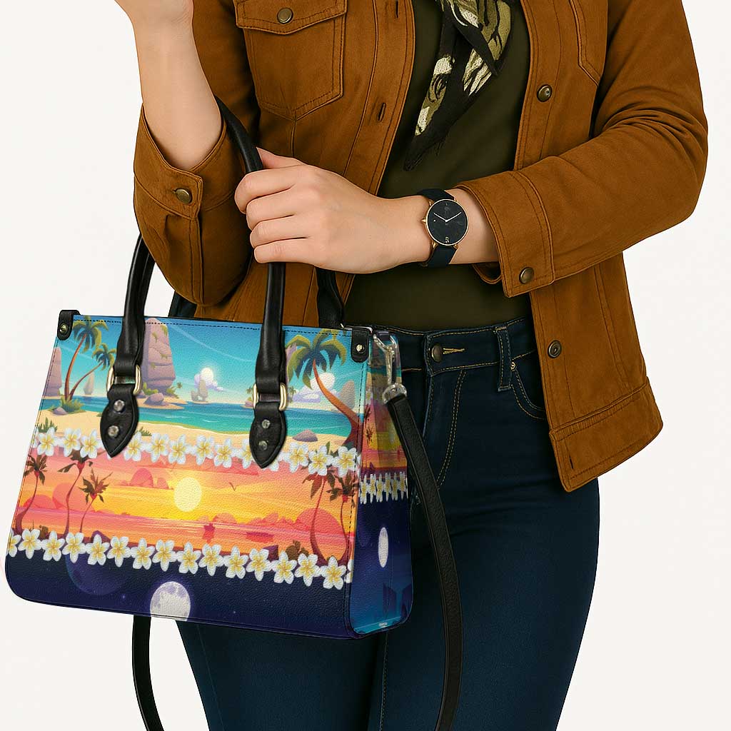 Hawaii Beach Landscape Time-Lapse Leather Bag Tropical Plumeria Flowers - Polynesian Pride