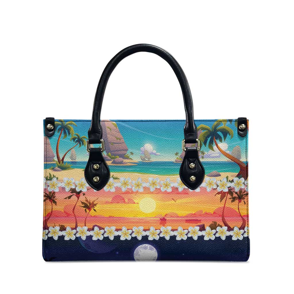 Hawaii Beach Landscape Time-Lapse Leather Bag Tropical Plumeria Flowers - Polynesian Pride