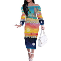 Hawaii Beach Landscape Time-Lapse Off The Shoulder Long Sleeve Dress Tropical Plumeria Flowers - Polynesian Pride