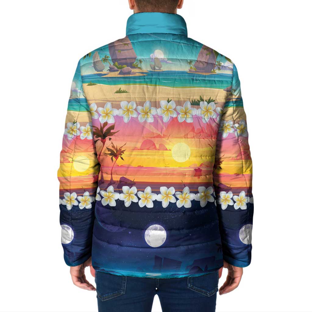 Hawaii Beach Landscape Time-Lapse Padded Jacket Tropical Plumeria Flowers - Polynesian Pride