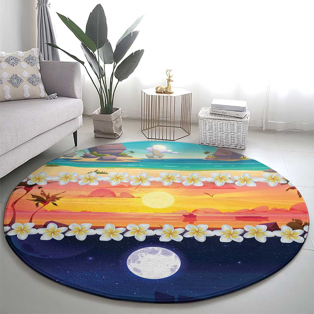 Hawaii Beach Landscape Time-Lapse Round Carpet Tropical Plumeria Flowers - Polynesian Pride
