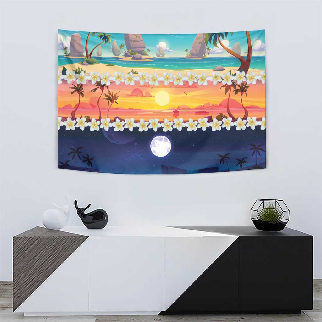 Hawaii Beach Landscape Time-Lapse Tapestry Tropical Plumeria Flowers - Polynesian Pride