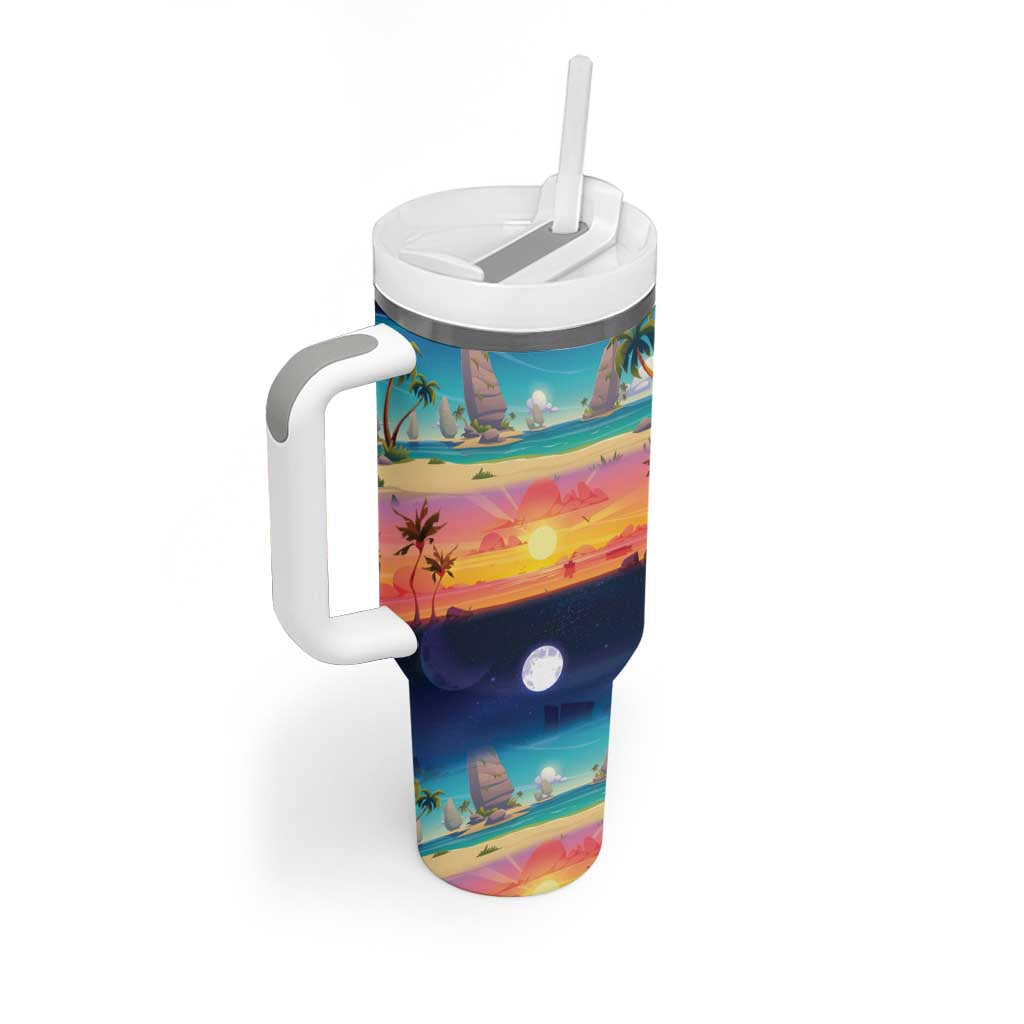 Hawaii Beach Landscape Time-Lapse Tumbler With Handle Tropical Plumeria Flowers - Polynesian Pride