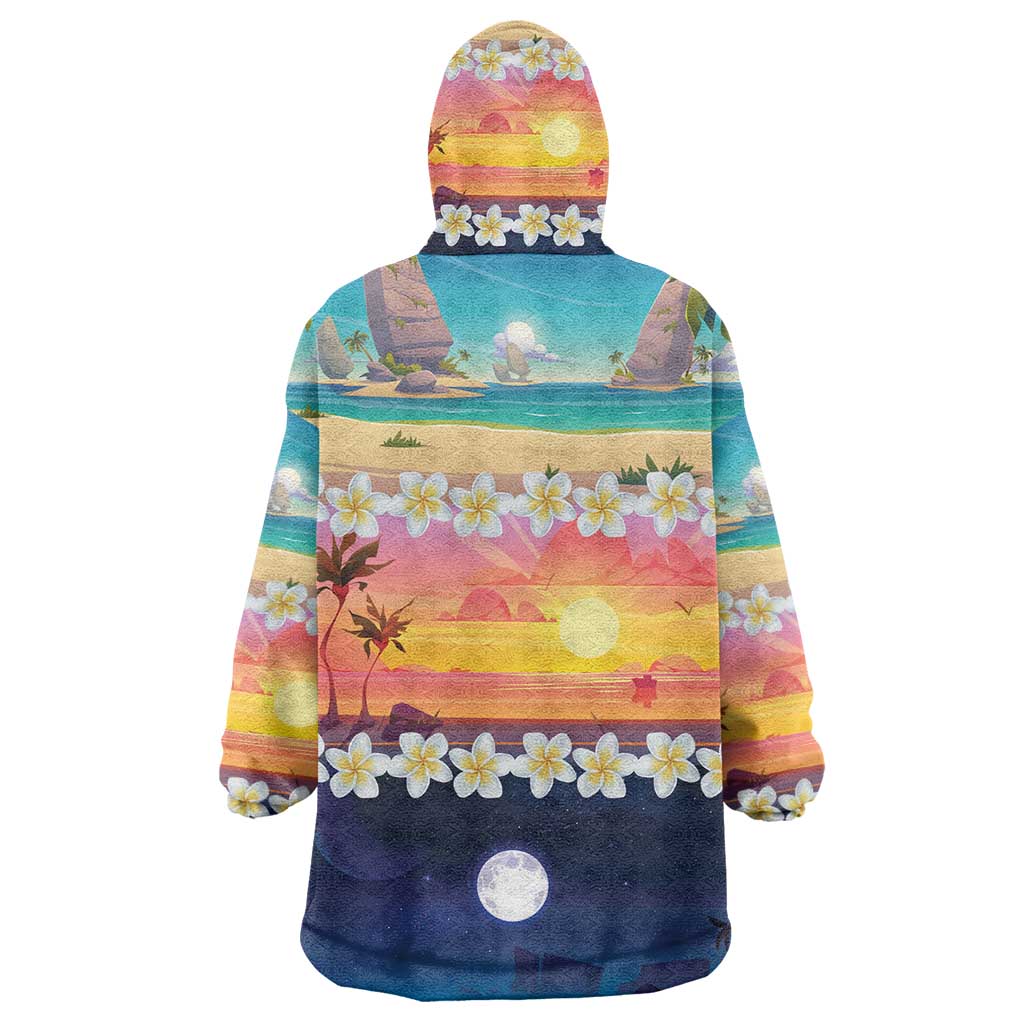 Hawaii Beach Landscape Time-Lapse Wearable Blanket Hoodie Tropical Plumeria Flowers - Polynesian Pride