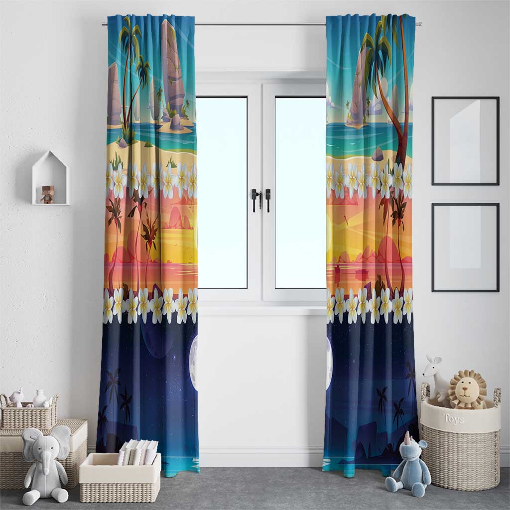 Hawaii Beach Landscape Time-Lapse Window Curtain Tropical Plumeria Flowers - Polynesian Pride