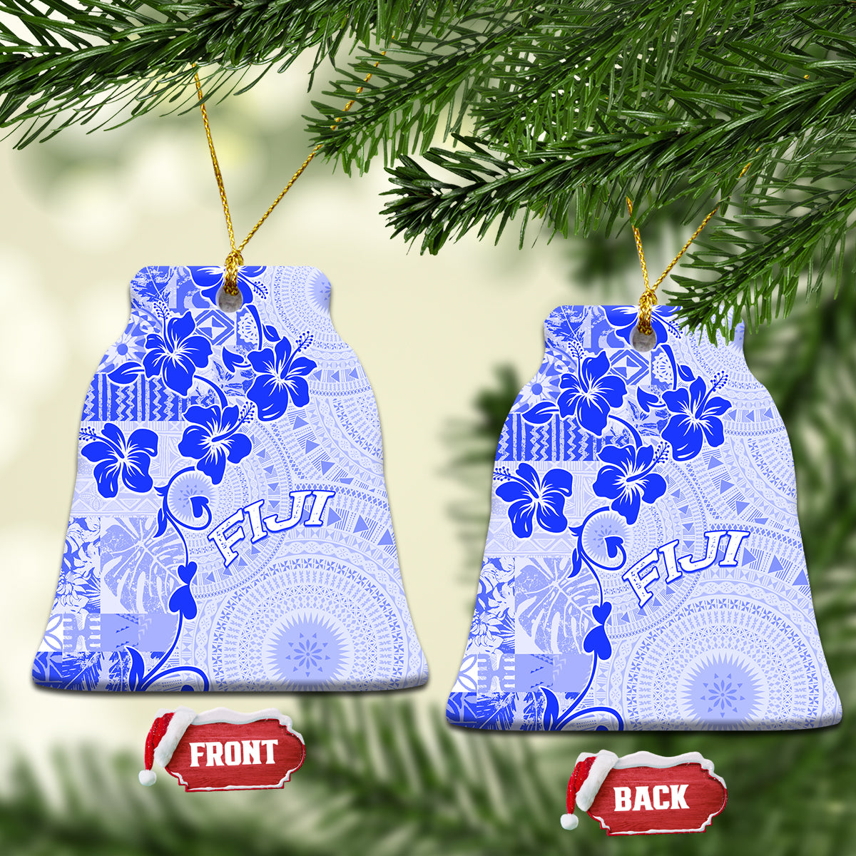 Fiji Masi With Hibiscus Tapa Tribal Ceramic Ornament Blue Pastel LT01 Bell Flake Blue - Polynesian Pride