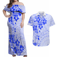Fiji Masi With Hibiscus Tapa Tribal Couples Matching Off Shoulder Maxi Dress and Hawaiian Shirt Blue Pastel LT01 Blue - Polynesian Pride