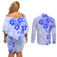 Fiji Masi With Hibiscus Tapa Tribal Couples Matching Off Shoulder Short Dress and Long Sleeve Button Shirt Blue Pastel LT01 - Polynesian Pride