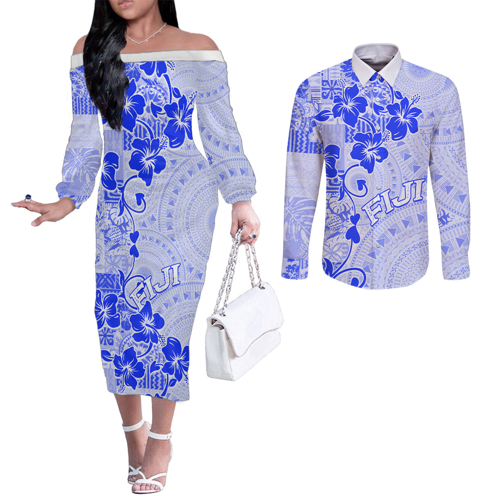 Fiji Masi With Hibiscus Tapa Tribal Couples Matching Off The Shoulder Long Sleeve Dress and Long Sleeve Button Shirt Blue Pastel LT01 Blue - Polynesian Pride