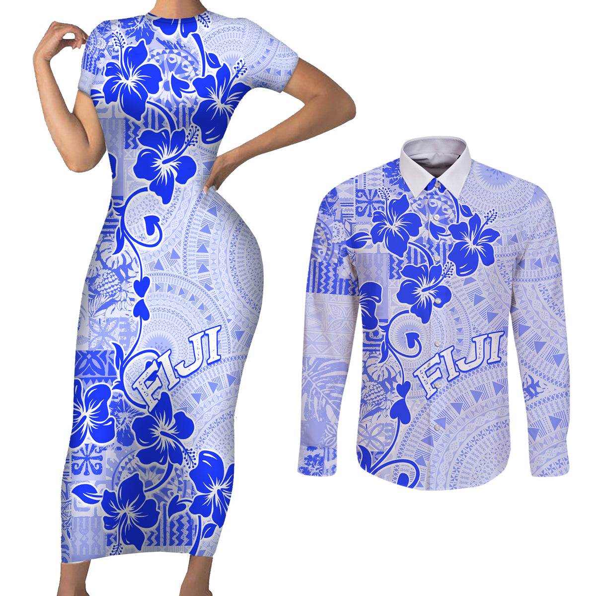 Fiji Masi With Hibiscus Tapa Tribal Couples Matching Short Sleeve Bodycon Dress and Long Sleeve Button Shirt Blue Pastel LT01 Blue - Polynesian Pride
