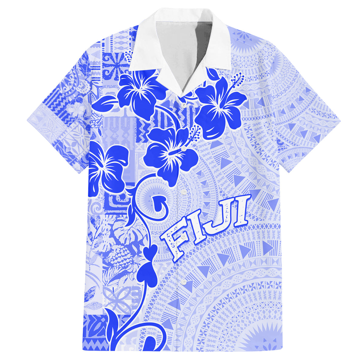 Fiji Masi With Hibiscus Tapa Tribal Family Matching Tank Maxi Dress and Hawaiian Shirt Blue Pastel LT01 Dad's Shirt - Short Sleeve Blue - Polynesian Pride