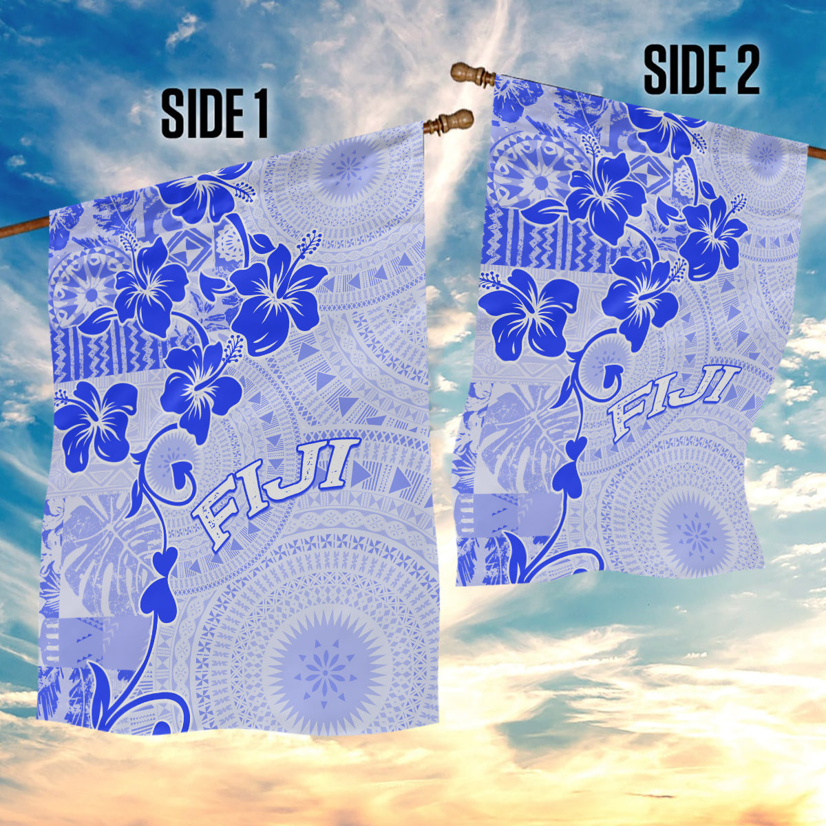 Fiji Masi With Hibiscus Tapa Tribal Garden Flag Blue Pastel LT01 - Polynesian Pride