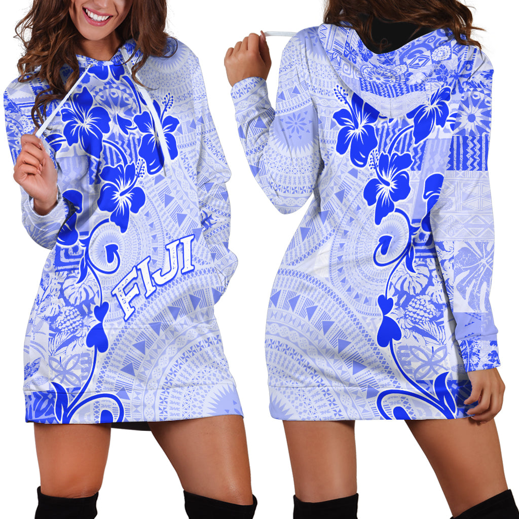 Fiji Masi With Hibiscus Tapa Tribal Hoodie Dress Blue Pastel LT01 - Polynesian Pride