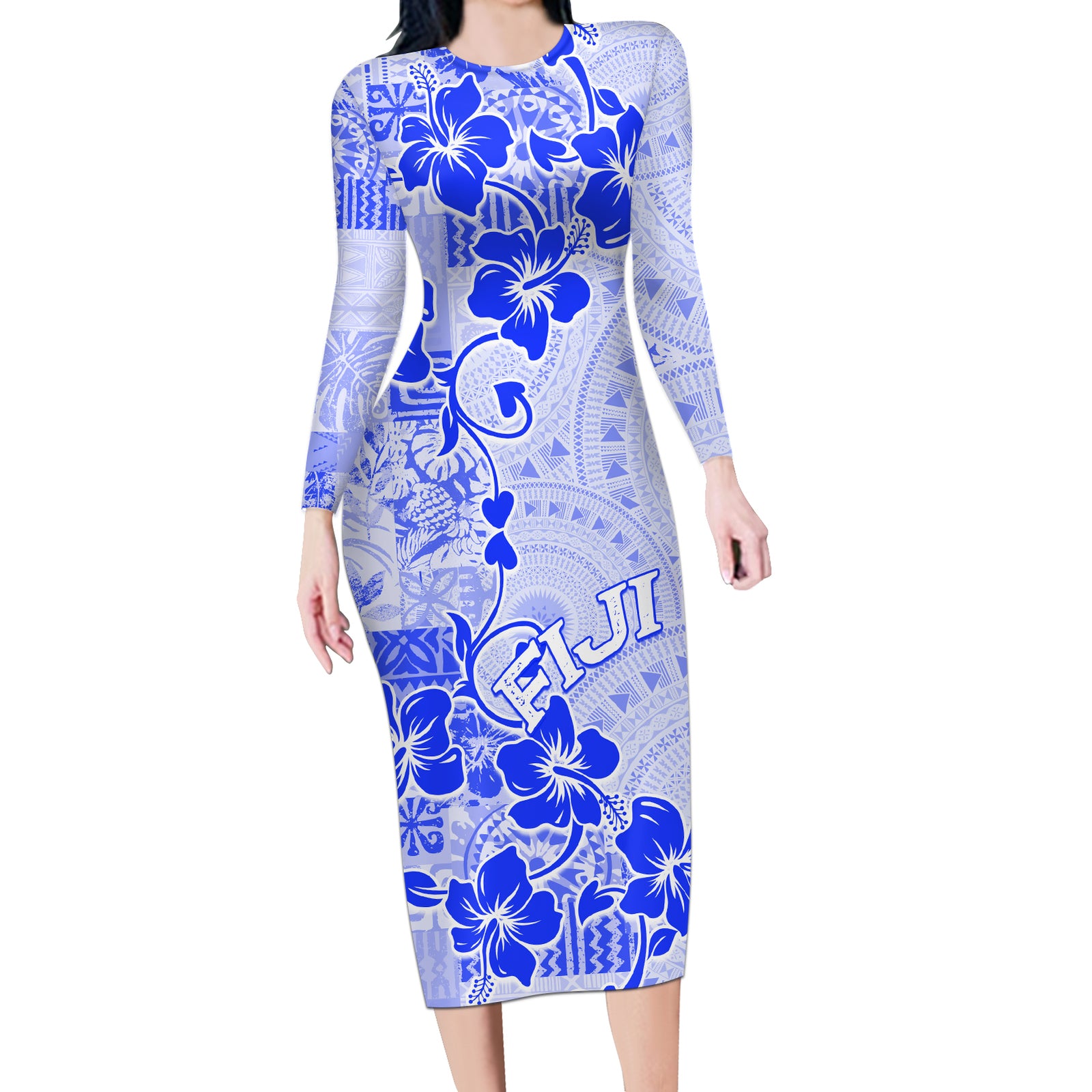 Fiji Masi With Hibiscus Tapa Tribal Long Sleeve Bodycon Dress Blue Pastel LT01 Long Dress Blue - Polynesian Pride